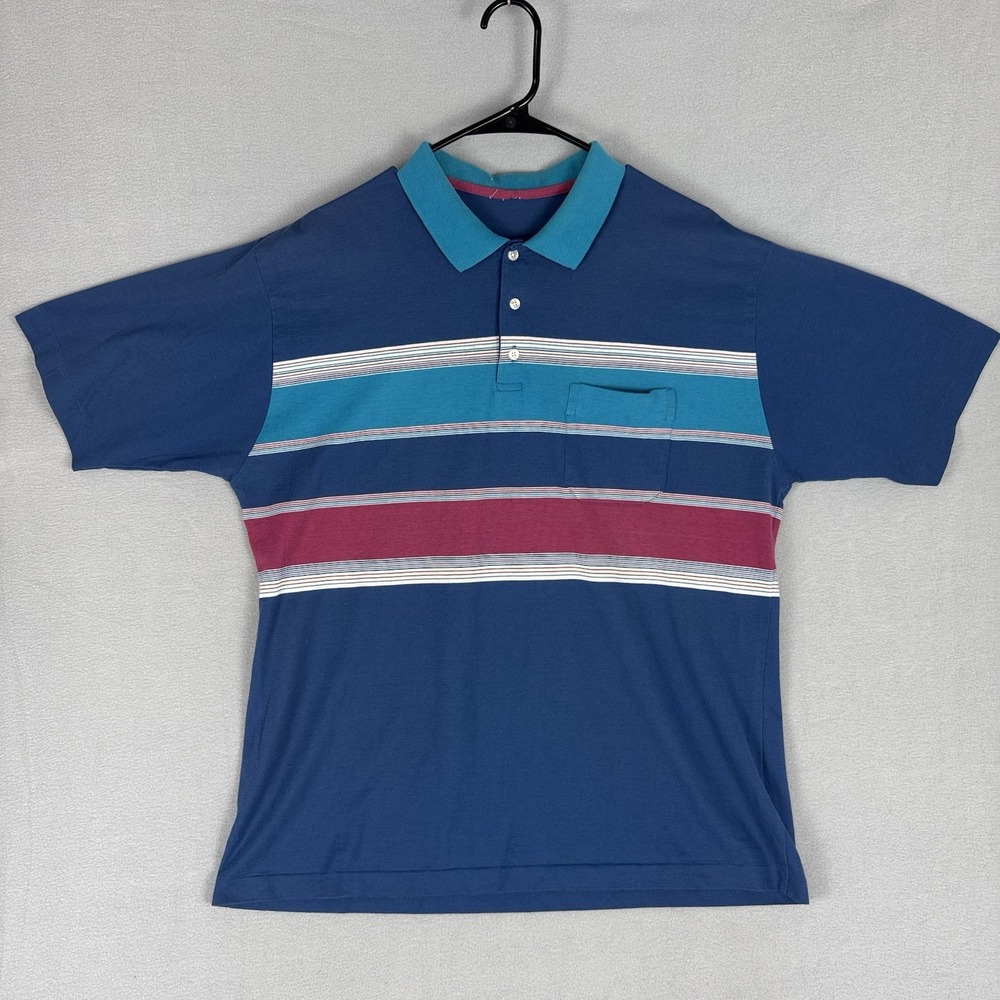 Vintage 70s 80s Rainbow Striped Polo Shirt Mens Large Front Pocket Retro